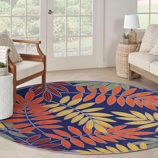 Nourison Home Aloha Navy Multicolor 5'3" x Round Area Rug - Easy Clean, Non Shedding, Bed Room, Living Room, Dining Room, Kitchen (5' x Round)