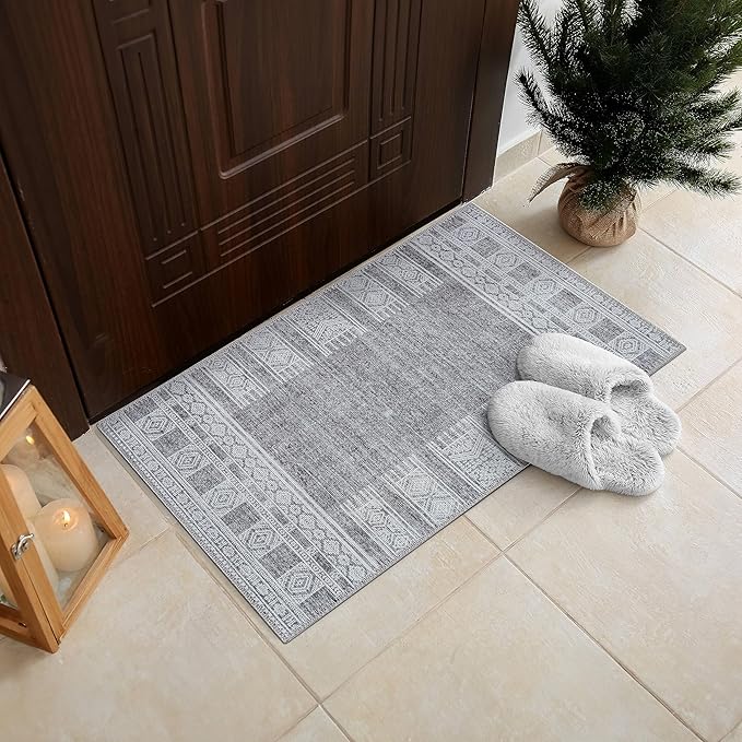 RugOver Machine Washable Area Rug, Pet-Friendly and Non-Slip Indoor Carpet for Kitchen, Bathroom, Living Room, Home Floor Decoration(Charcoal/White, 2' x 3')