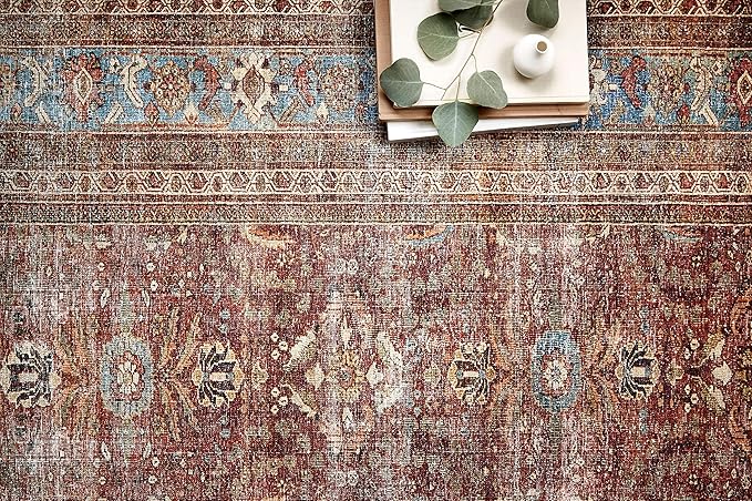 Loloi Layla Collection LAY-01 Brick/Blue 5'-0" x 7'-6" .13" Thick Area Rug, Soft, Durable, Vintage Inspired, Distressed, Low Pile, Non-Shedding, Easy Clean, Printed, Living Room Rug