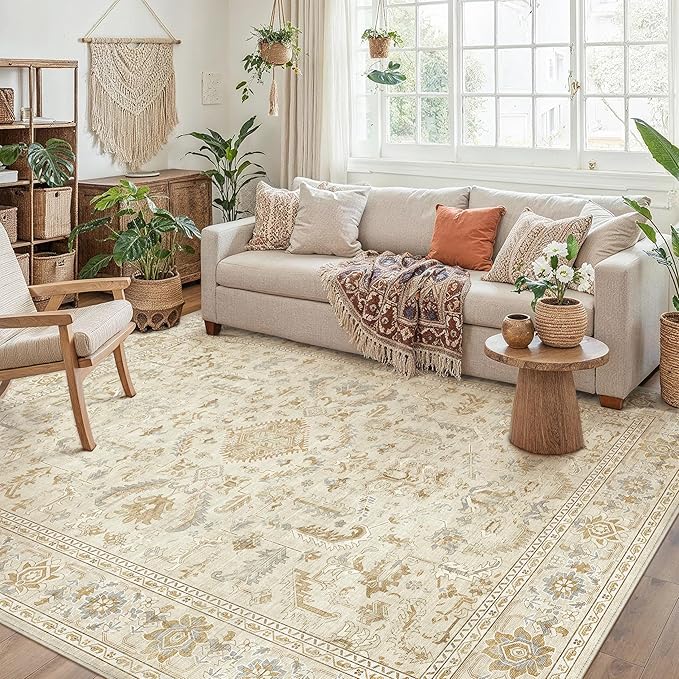 PureCozy 5x7 Beige Area Rug Vintage Washable Living Room Boho Carpet Non Slip Bedroom Indoor Office Low Pile Traditional Distressed Retro Accent Rug for Dining Room Bathroom Office Kitchen Dorm