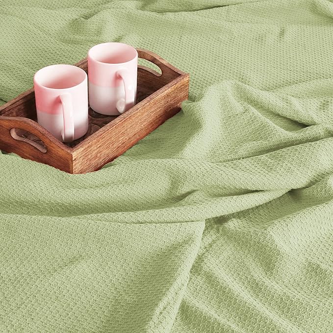 BOUTIQUO 100% Cotton Bed Blanket, Breathable Thermal Blanket King Size, Soft Honeycomb Waffle Blanket 90"x102", Cotton Bed Blanket, Perfect for Layering Any Bed for All Season, Sage Green