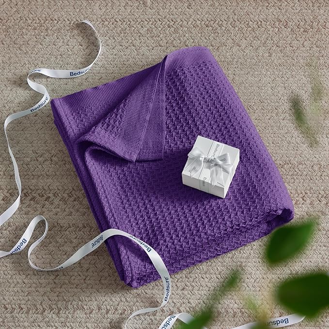 Bedsure Gentlesoft 100% Cotton Large Throw Blanket for Couch 50x70 inches - Breathable and Soft for Spring Summer, Waffle Weave Throw Blanket for Office, Purple