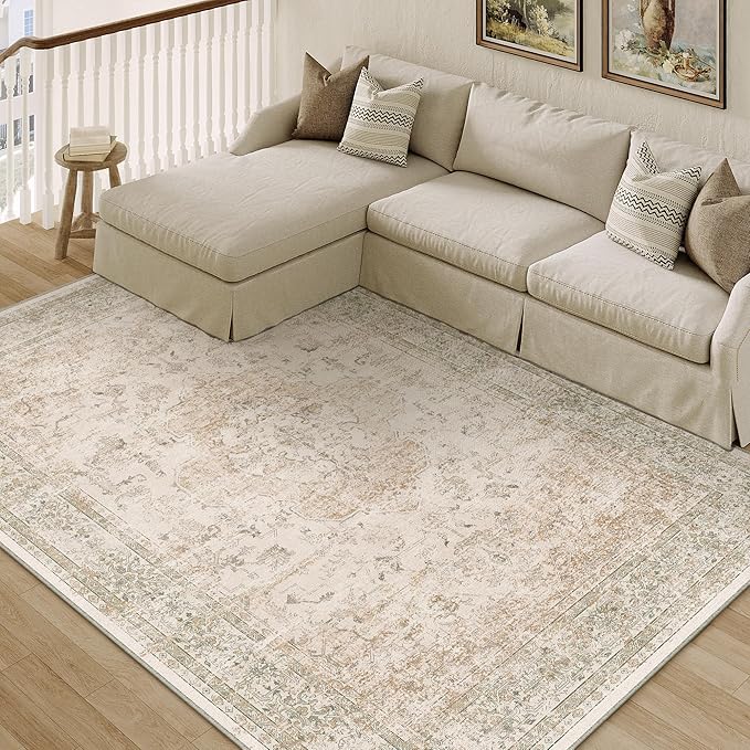 PureCozy 4x5 Washable Area Rug Beige Vintage Distressed Carpet for Office Oriental Soft Thin Indoor Retro Mat Non Slip Low Pile Floor Cover for Living Ding Room Bedroom Laundry
