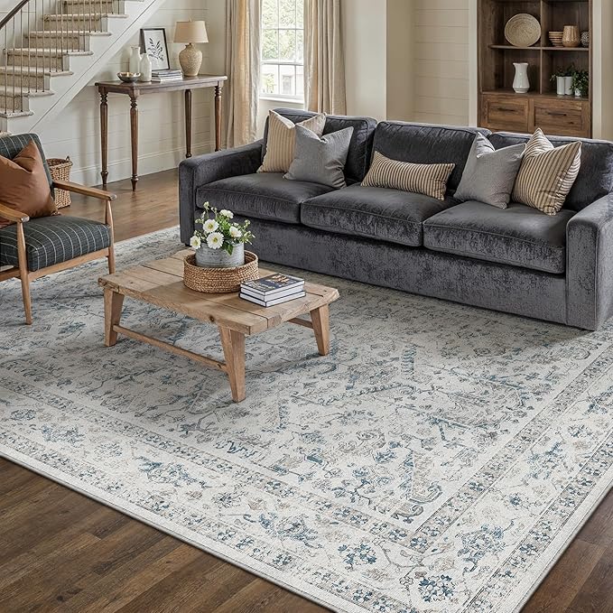 PureCozy Blue 5x7 Area Rug Vintage Washable Living Room Carpet Non Slip Bedroom Indoor Office Low Pile Traditional Distressed Retro Accent Rug for Dining Room Bathroom Kitchen