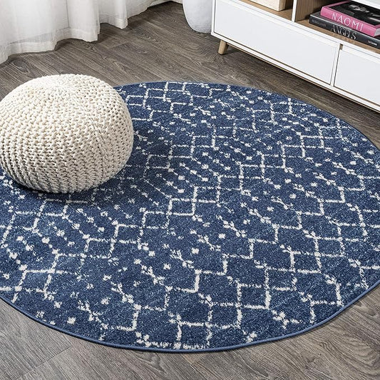 JONATHAN Y Boho Vintage Diamond Blue/White Round Area Rug 5 ft, Moroccan Hype for Living Room, Bedroom, Kitchen, Office, Easy-Cleaning, High Traffic, Pet-Friendly, Non-Shedding (MOH101A-5R)