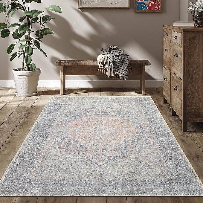 RugOver Machine Washable Area Rug, Pet-Friendly and Non-Slip Indoor Carpet for Kitchen, Bathroom, Living Room, Home Floor Decoration(Fossil/Salmon, 5'1" x 7'5")
