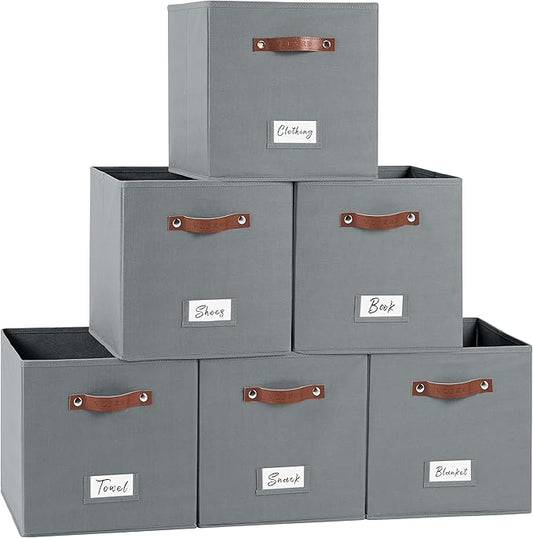13 Inch Cube Storage Bin Fabric Basket with Handles and Labels, Cube Storage Organizer for Closet, Bedroom, Living Room (Gray,6 Pack)