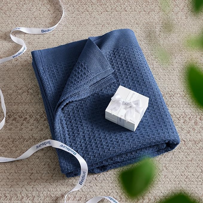 Bedsure Gentlesoft 100% Cotton Large Throw Blanket for Couch 50x70 inches - Breathable and Soft for Spring Summer, Waffle Weave Throw Blanket for Office, Navy