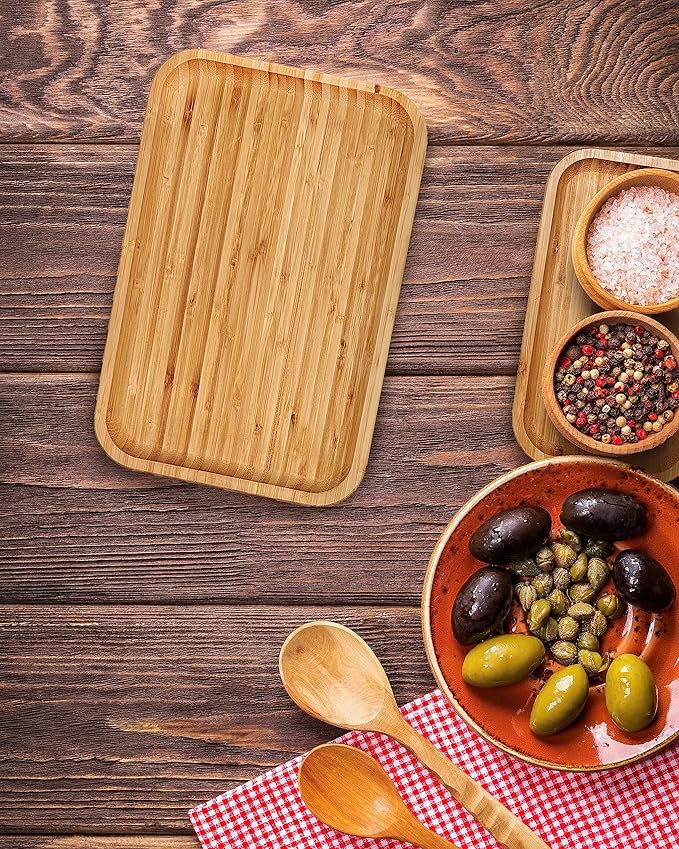 Bam&Boo Bamboo Serving Tray Natural Minimalist Rectangular (9.7” x 5.4" x 0.8") Coffee, Tea, Food, Drinks, Storage, Decor for Home, Kitchen, Bathroom