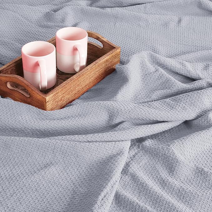 BOUTIQUO 100% Cotton Bed Blanket, Breathable Thermal Blanket Full - Queen Size, Soft Honeycomb Waffle Blanket 90"x90", Cotton Bed Blanket, Perfect for Layering Any Bed for All Season, Light Grey