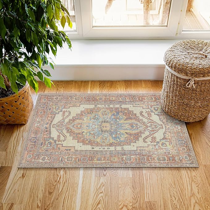 RugOver Machine Washable Area Rug, Pet-Friendly and Non-Slip Indoor Carpet for Kitchen, Bathroom, Living Room, Home Floor Decoration(Ethnic Style Color, 2' x 3')