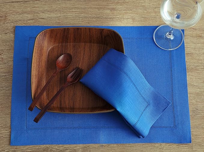 Solino Home Linen Placemats Set of 4 - Classic Hemstitch Royal Blue Placemats 14 x 19 Inch - 100% Pure Linen Table Mats for Winter, Spring