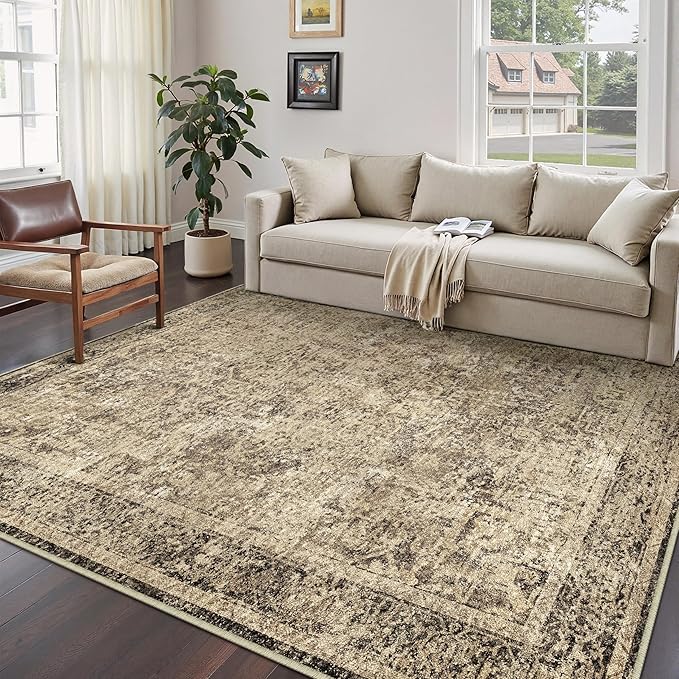 PureCozy 5x7 Area Rug Washable Vintage Neutral Living Room Carpet Large Indoor Non Slip Brown Bedroom Distressed Low Pile Retro Accent Throw Rug for Dining Room