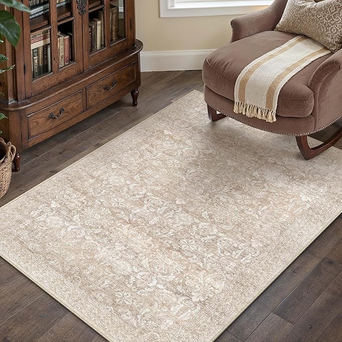 PureCozy 4x6 Area Rug Washable Beige Vintage Entryway Office Carpet Indoor Non Slip Small Low Plie Thin Bedroom Kitchen Rug Retro Accent Throw Living Dining Room Bathroom