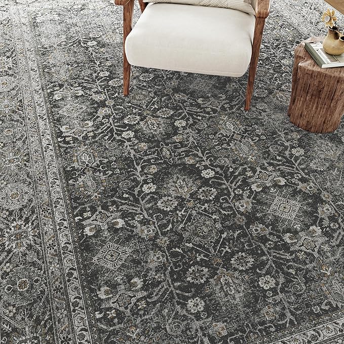 PureCozy Black Runner Rug 2x7 Vintage Area Carpet Hallway Long Indoor Kitchen Washable Living Room Low Pile Traditional Distressed Retro Accent Throw Rug Non Slip Laundry Bathroom Office Dining Room