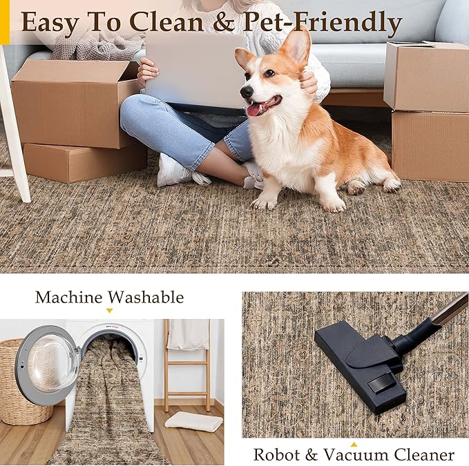 PureCozy 3x5 Area Rug Brown Machine Washable Entryway Office Vintage Distressed Non Slip Carpet Indoor Small Low Plie Thin Bedroom Kitchen Retro Accent Throw Rug Door Mat Entrance Bathroom Living Room