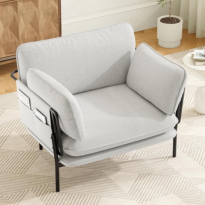 AYEASY Modern Accent Chair for Living Room, Oversized Reading Chair with Solid Metal Legs, Upholstered Fabric Armchair with Side Pockets and 2 Pillows, Comfy Accent Chairs for Bedroom, Nursery, White