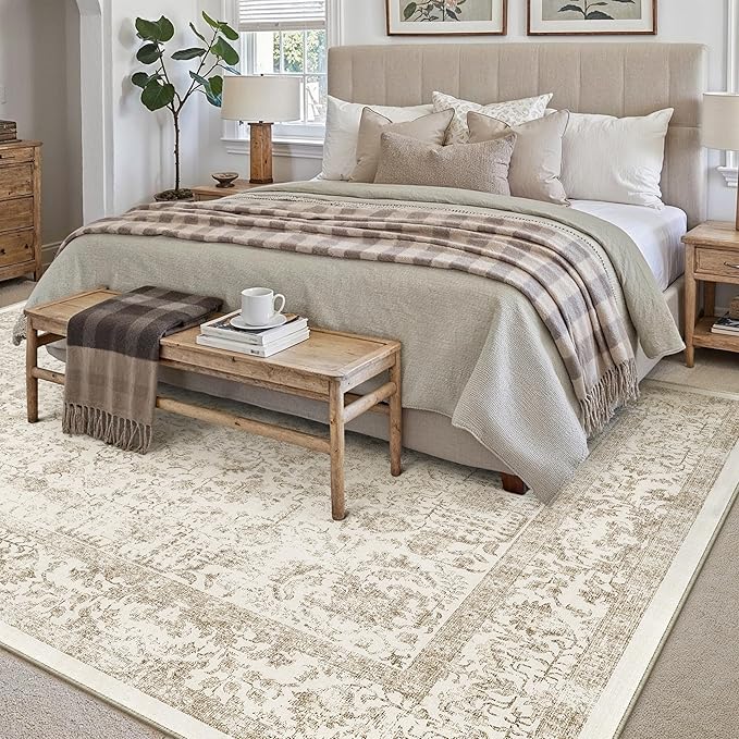 PureCozy Light Brown Area Rug 5x7 Machine Washable Vintage Living Room Distressed Non Slip Carpet Traditional Indoor Bedroom Retro Floral Accent Throw Large Rug Office Kitchen Bathroom Dining Room
