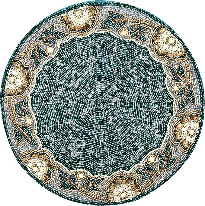 Beaded Placemats,Beaded Placemats Round Teal Silver White Gold 13"Round,Placemats For Dining Table,Beaded Placemats, Beaded Charger Placemats,Holiday & Christmas Beaded Placemats,Beaded Glitz Charger