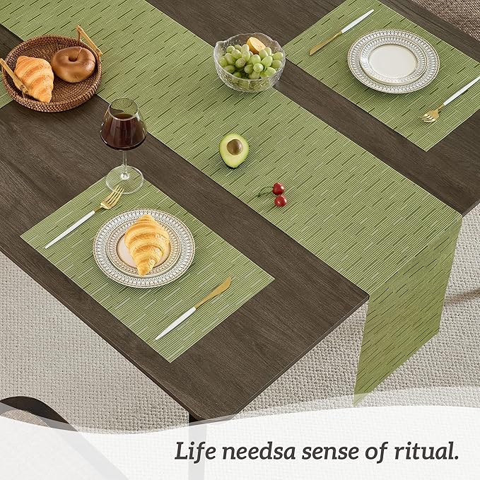 Leetaltree Pea Green Table Runner and Placemats Set of 5, Heat Resistant Non-Slip Place mats for Dining Table, Washable Durable PVC Vinyl Woven Table Mats Set