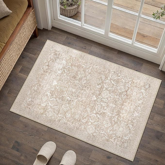 PureCozy 2x3 Area Rug Washable Beige Vintage Entryway Door Mat Carpet Indoor Non Slip Small Low Plie Thin Kitchen Bathroom Rug Retro Accent Throw Entrance Bedroom Office Living Room