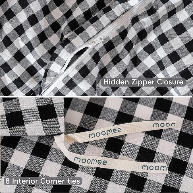 MooMee Gingham Duvet Cover Set 100% Washed Cotton Linen Like Textured Breathable Durable Soft Comfy Modern Checkered Design (Black White Gingham, Queen 90"x90")