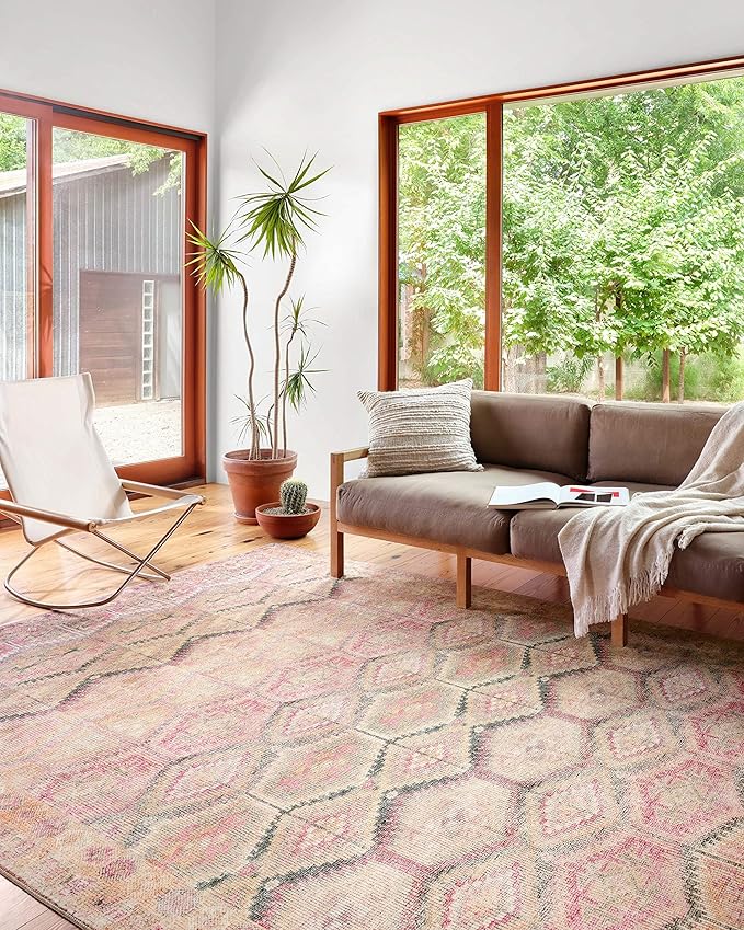 Loloi Layla Collection LAY-17 Pink/Lagoon 2'-3" x 3'-9" .13" Thick Accent Rug, Soft, Durable, Vintage Inspired, Distressed, Low Pile, Non-Shedding, Easy Clean, Printed, Living Room Rug