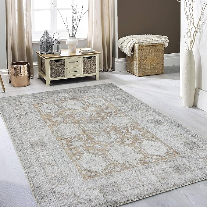 RugOver Machine Washable Area Rug, Pet-Friendly and Non-Slip Indoor Carpet for Kitchen, Bathroom, Living Room, Home Floor Decoration(Ivory/Walnut, 3' x 5')