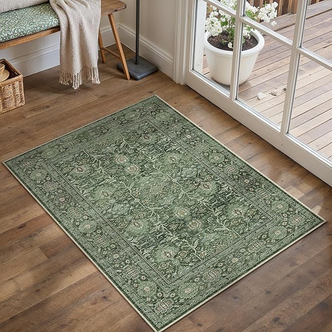PureCozy Green Area Rug 2x3 Entryway Washable Soft Carpet Vintage Non Slip Indoor Kitchen Entrance Door Mat Traditional Retro Distressed Small Thicker Throw Rug Bathroom Laundry Bedroom