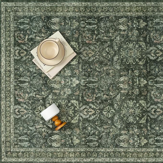 PureCozy Dark Green 2x6 Runner Rug Washable Hallway Kitchen Vintage Carpet Indoor Non Slip Small Low Plie Thin Bedroom Bathroom Rug Retro Accent Throw Dining Living Room
