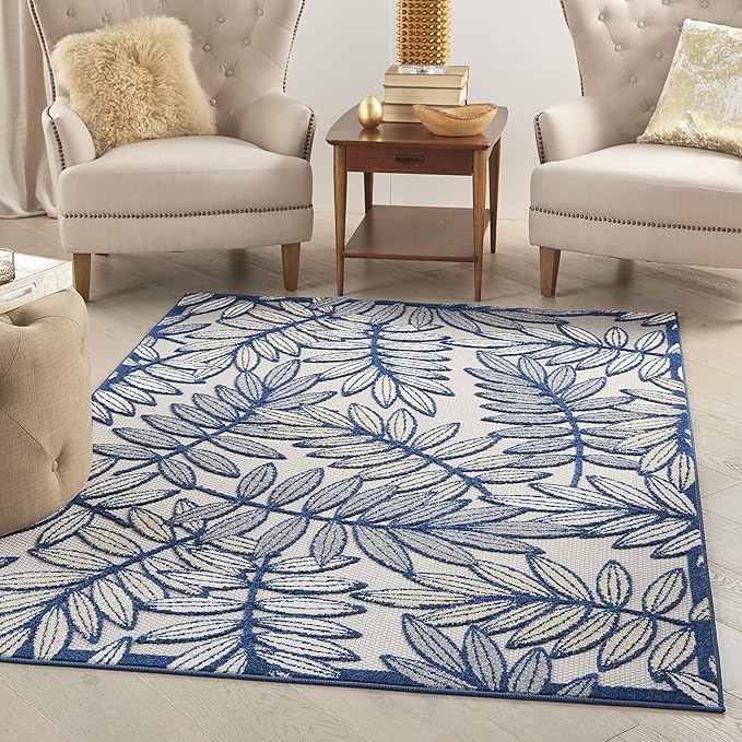 Nourison Home Aloha Ivory/Navy 5'3" x 7'5" Area Rug - Easy Clean, Non Shedding, Bed Room, Living Room, Dining Room, Kitchen (5' x 8')