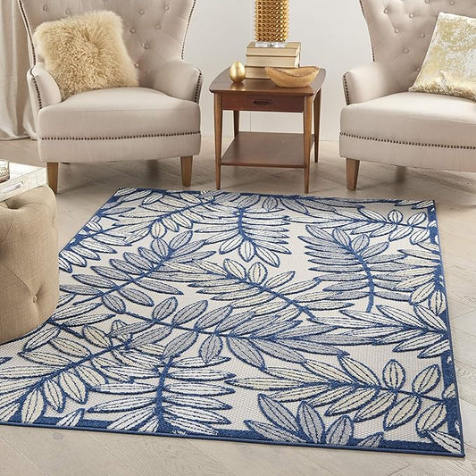 Nourison Home Aloha Ivory/Navy 5'3" x 7'5" Area Rug - Easy Clean, Non Shedding, Bed Room, Living Room, Dining Room, Kitchen (5' x 8')