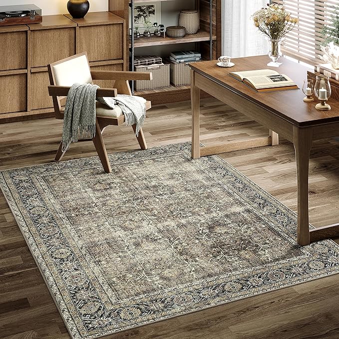 PureCozy Vintage Area Rug 3x4 Brown Entryway Office Washable Carpet Non Slip Bedroom Indoor Living Room Door Mat Low Pile Traditional Distressed Retro Accent Rug for Dining Room Bathroom Kitchen