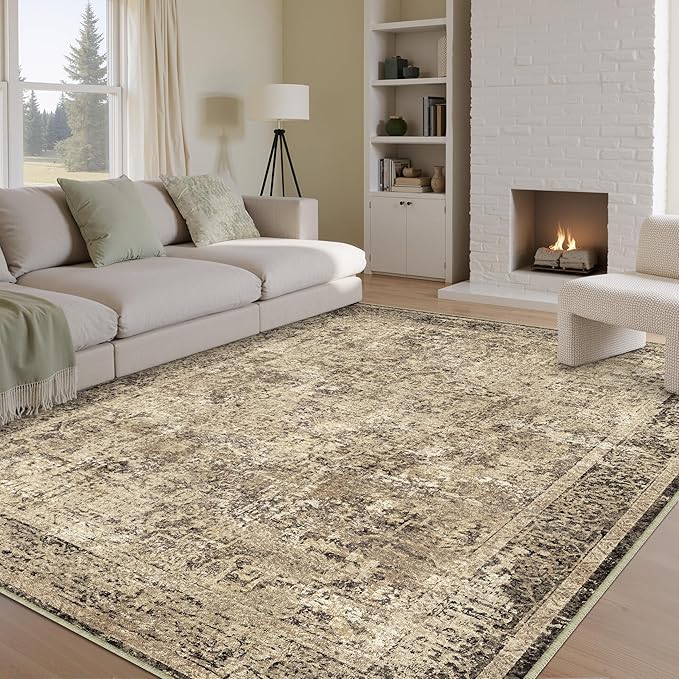 PureCozy 5x7 Area Rug Washable Vintage Neutral Living Room Carpet Large Indoor Non Slip Brown Bedroom Distressed Low Pile Retro Accent Throw Rug for Dining Room