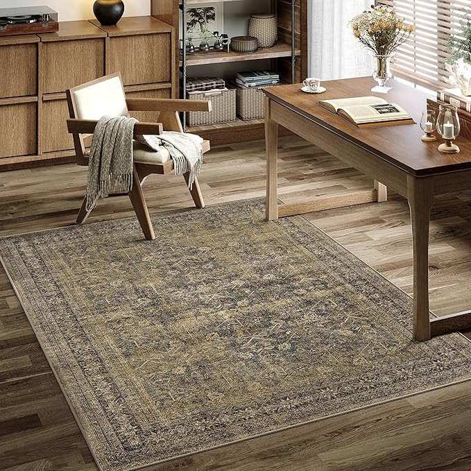 PureCozy 5x7 Brown Black Area Rug for Living Room Washable Vintage Distressed Carpet Bedroom Low Pile Non Slip Indoor Soft Retro Throw Accent Rug Office Kitchen Bathroom Dining Room