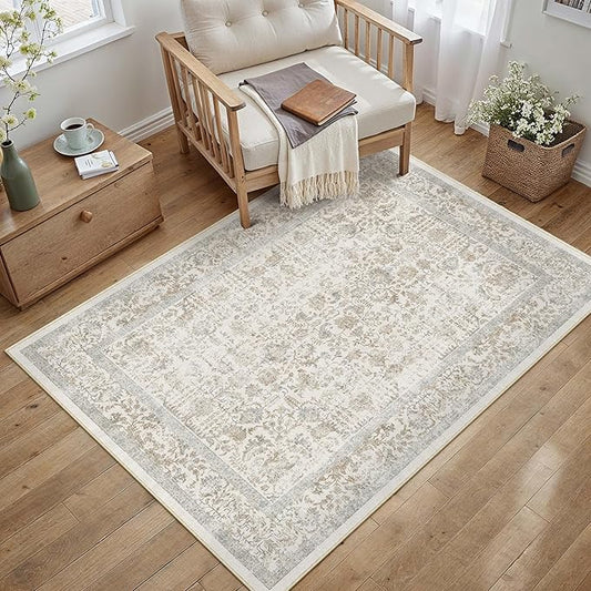PureCozy Taupe Area Rug 3x5 Office Entryway Rug Machine Washable Kitchen Vintage Distressed Non Slip Carpet Indoor Retro Floral Accent Throw Door Mat for Bathroom Bedroom Dining Living Room