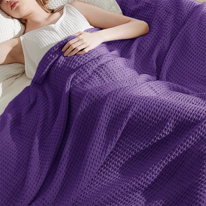 Bedsure Gentlesoft 100% Cotton Large Throw Blanket for Couch 50x70 inches - Breathable and Soft for Spring Summer, Waffle Weave Throw Blanket for Office, Purple
