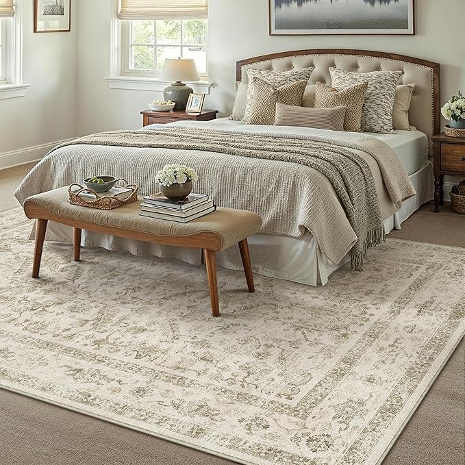 PureCozy Taupe 6x9 Area Rug Vintage Washable Living Room Carpet Non Slip Bedroom Indoor Office Low Pile Large Traditional Distressed Retro Accent Rug for Dining Room Bathroom Kitchen
