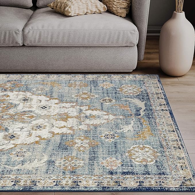 Abani Blue & Beige Traditional Medallion 5'3" X 7'6" Area Rug, Porto Collection - Vintage Style Rugs Turkish Accent Rug