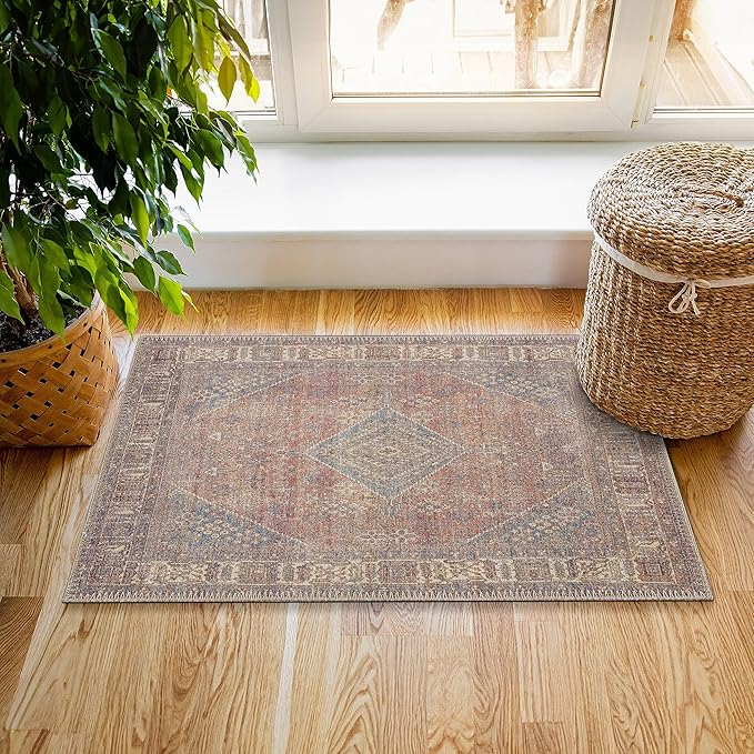 RugOver Machine Washable Area Rug, Pet-Friendly and Non-Slip Indoor Carpet for Kitchen, Bathroom, Living Room, Home Floor Decoration(Clay/Prussian, 2' x 3')