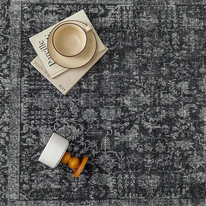 PureCozy Dark Black Area Rug 6x9 Machine Washable Vintage Living Room Distressed Non Slip Carpet Traditional Indoor Bedroom Retro Floral Accent Throw Large Rug for Office Kitchen Dining Room