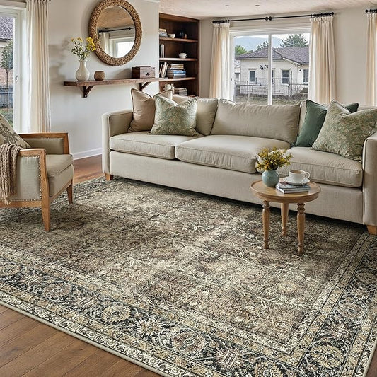 PureCozy Vintage Area Rug 5x7 Brown Washable Living Room Large Carpet Non Slip Bedroom Indoor Office Low Pile Traditional Distressed Retro Accent Rug for Dining Room Bathroom Kitchen
