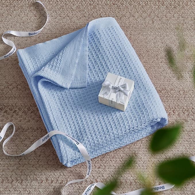 Bedsure Gentlesoft 100% Cotton Blanket King Size for Bed - Breathable and Soft for Spring Summer, Thick Cozy Waffle Weave Blanket Gifts for Women, Sky Blue, 104x90 inches