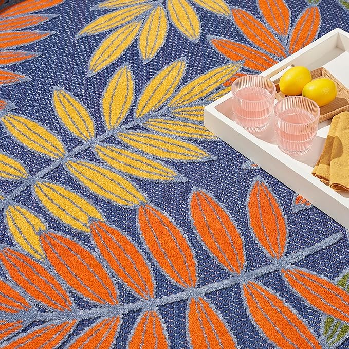 Nourison Home Aloha Navy Multicolor 5'3" x Round Area Rug - Easy Clean, Non Shedding, Bed Room, Living Room, Dining Room, Kitchen (5' x Round)