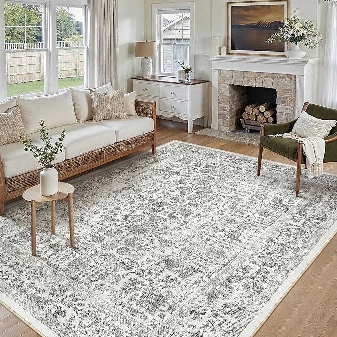 PureCozy Black Area Rug 5x7 Machine Washable Vintage Living Room Distressed Non Slip Carpet Traditional Indoor Bedroom Retro Floral Accent Throw Large Rug Office Kitchen Bathroom Dining Room