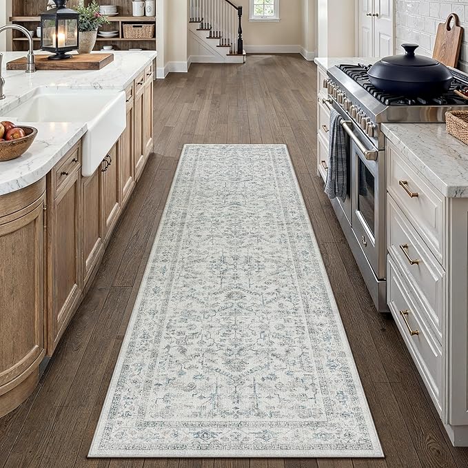 PureCozy Blue 2x8 Runner Rug Vintage Area Carpet Hallway Indoor Kitchen Washable Low Pile Traditional Distressed Retro Accent Throw Rug Non Slip for Laundry Bathroom Office