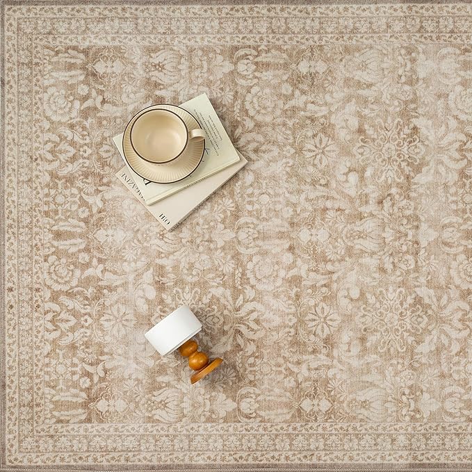 PureCozy 5x7 Area Rug Washable Vintage Living Room Bedroom Carpet Indoor Light Brown Non Slip Soft Low Pile Thin Rug Retro Accent Throw Office Dining Room