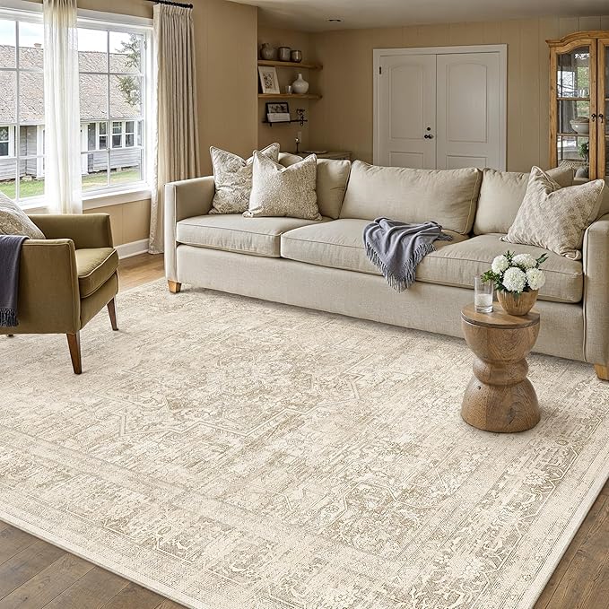 PureCozy 6x9 Area Rug Washable Living Room Bedroom Carpet Vintage Distressed Large Non Slip Low Pile Thin Cream Beige Dining Room Office Medallion Accent Throw Rug
