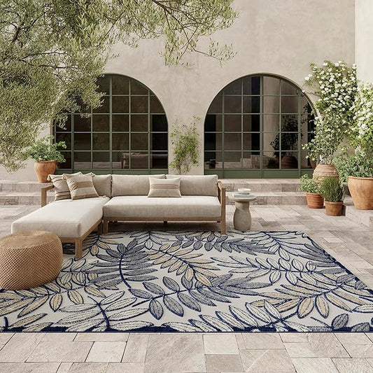 Nourison Home Aloha Ivory Navy 6' x 9' Area Rug - Easy Clean, Non Shedding, Bed Room, Living Room, Dining Room, Kitchen (6' x 9')