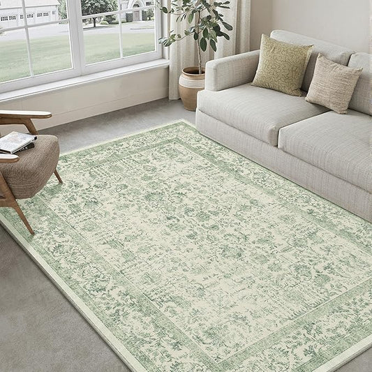 PureCozy Sage Green Area Rug 5x7 Living Room Washable Carpet Vintage Distressed Non Slip Kitchen Carpet Neutral Low Pile Retro Floral Farmhouse Throw Rug for Home Office Bedroom Laundry Dining Room
